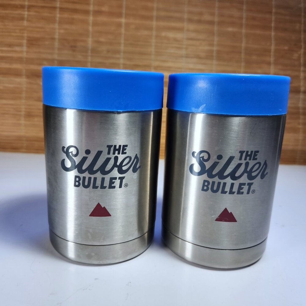 Coors Light Silver Bullet Beer Can Bottle Koozie Coozie Stainless Steel Blue (2)